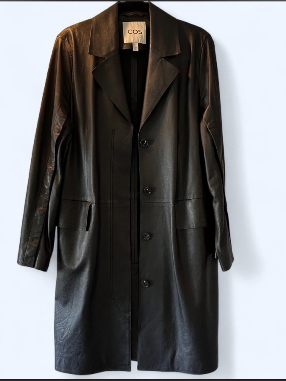 COS Black Leather Long Single-Breasted  Trench Coat